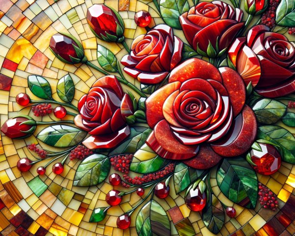 Vibrant Glass Mosaic of Red Roses and Green Leaves