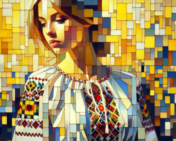 Young Woman in Embroidered Blouse with Mosaic Background