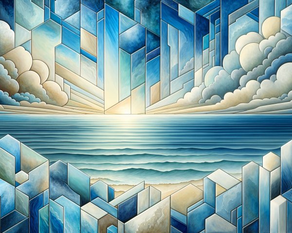 Abstract Landscape with Geometric Shapes in Blue