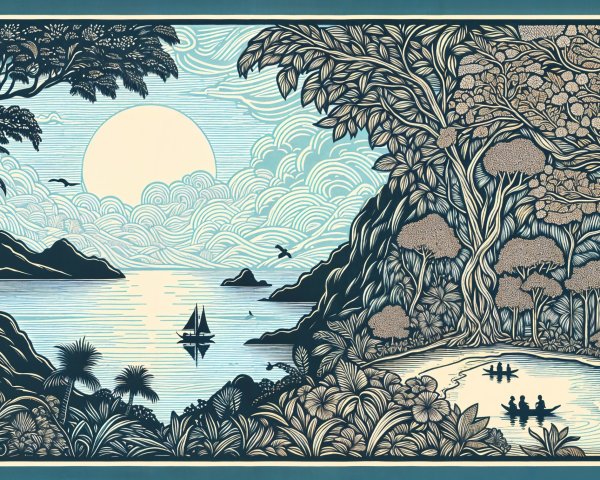 Serene Coastal Landscape with Calm Sea and Lush Greenery