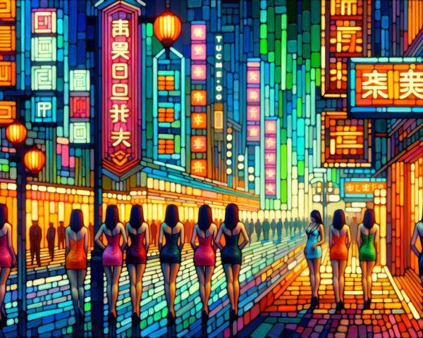 Vibrant Neon-Lit Street Scene in Bustling City