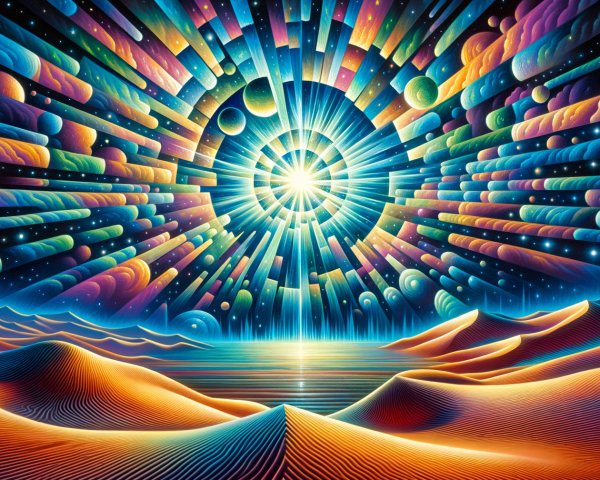 Vibrant Cosmic Landscape with Surreal Desert Scene