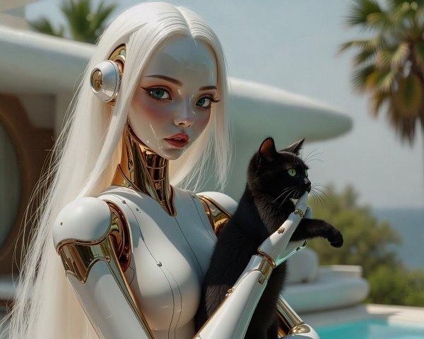 Futuristic Robot Woman by Luxurious Pool with Cat