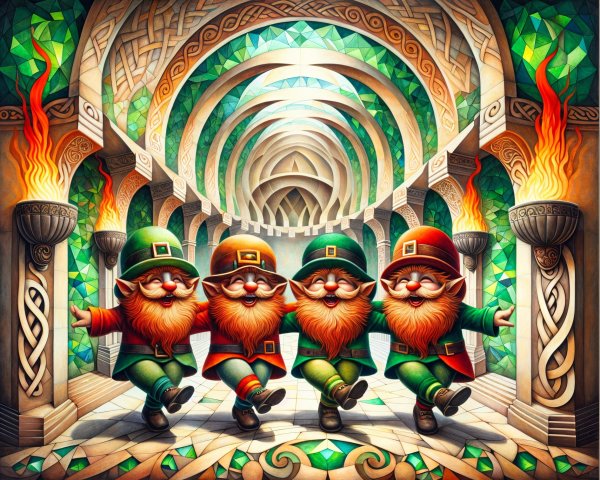 Cheerful Gnomes Dancing in an Ornate Hall
