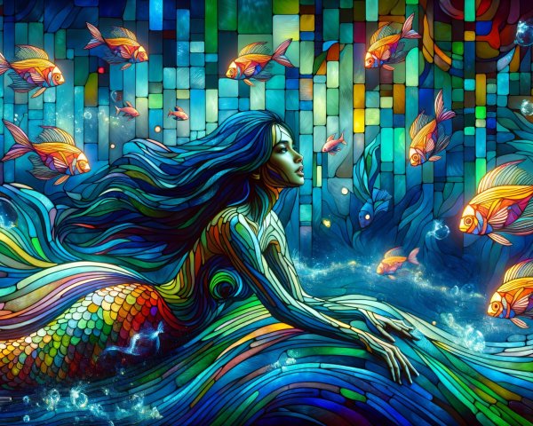 Stained Glass Artwork of a Mermaid in Vibrant Waves