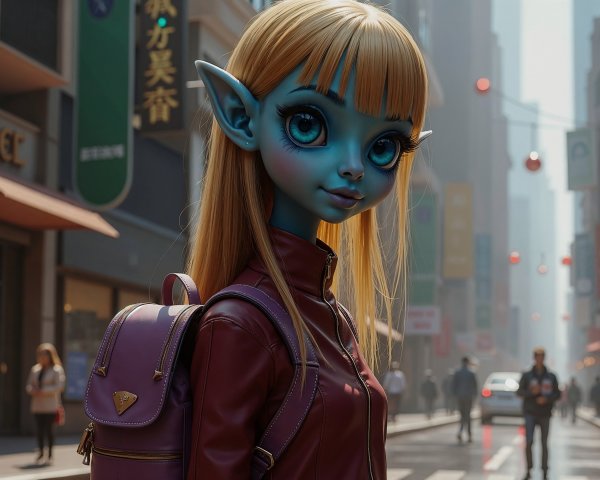 Vibrant Doll with Blue Skin in Urban City Scene