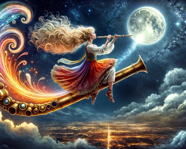 Whimsical Girl Playing Flute Under Starry Night Sky