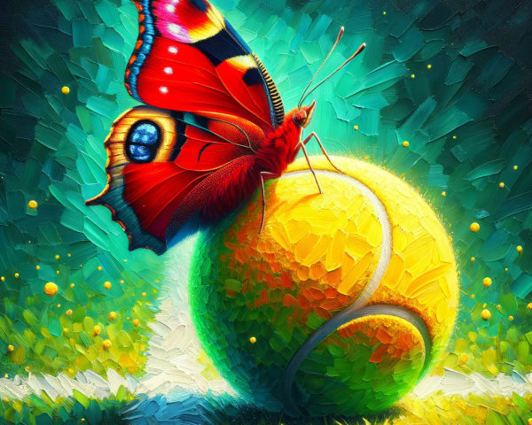 Red Butterfly on Yellow Tennis Ball with Abstract Background
