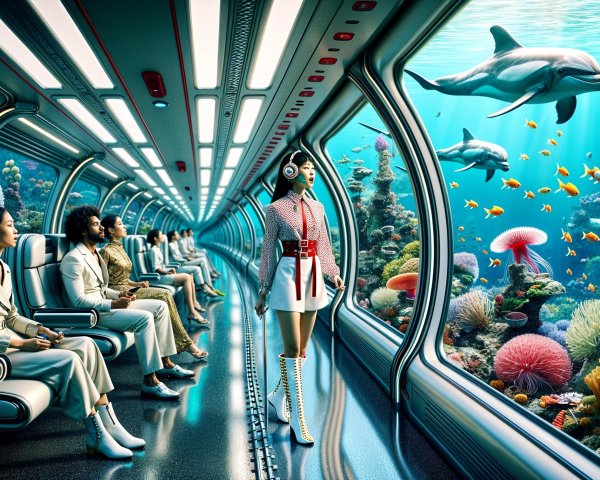Futuristic Underwater Train Interior with Marine Life