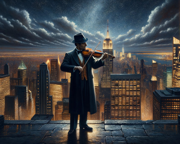 Male Violinist in Formal Attire on Rooftop at Night