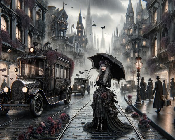 Gothic Street Scene with Elegant Woman and Vintage Elements