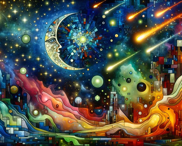 Vibrant Cosmic Scene with Moon and Geometric Patterns