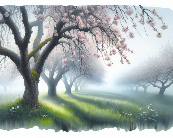Serene Orchard with Blossoming Cherry Trees and Mist
