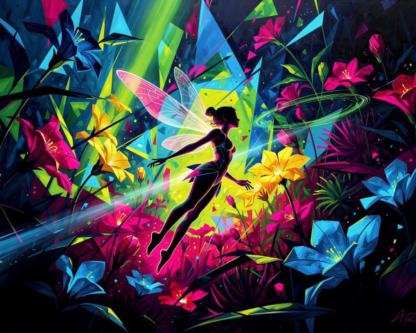 Neo-Primitivism Painting of Glowing Fairy in Jungle