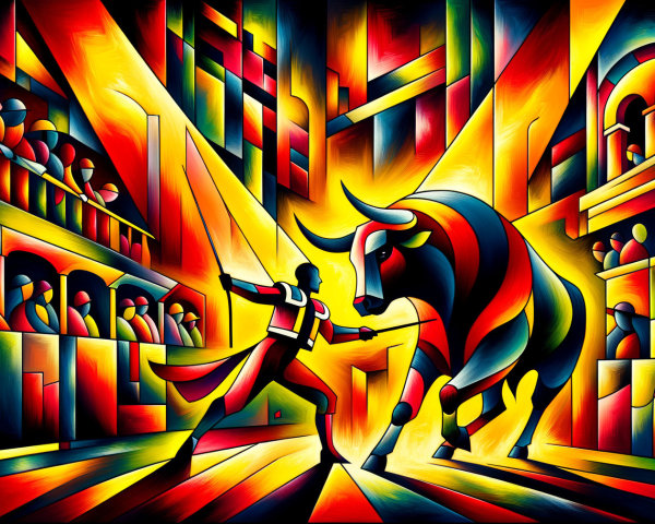 Abstract Bullfighting Scene with Vivid Colors