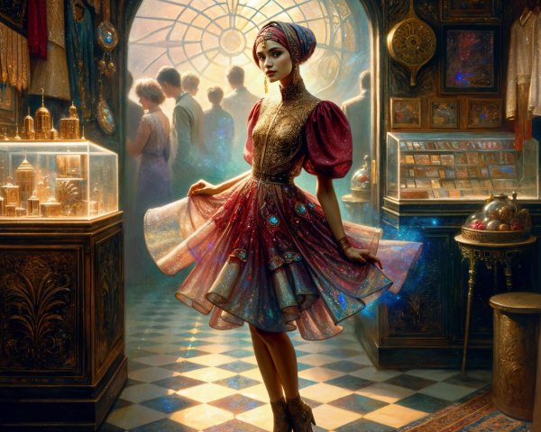 Marketplace Scene with Young Woman in Vibrant Dress