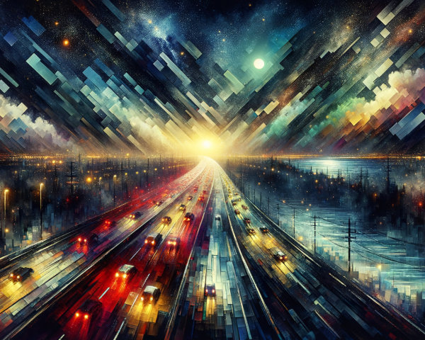 Abstract Highway Scene Under Surreal Night Sky
