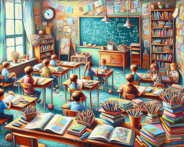 Vibrant Classroom Scene with Engaged Children and Decor