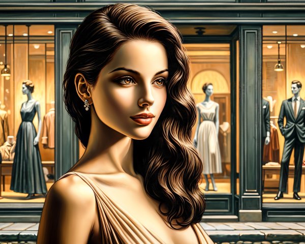 Stylish Woman in Front of Boutique with Elegant Dresses