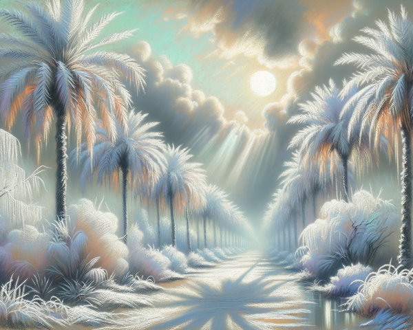 Frosted Palm Trees in a Serene Winter Landscape