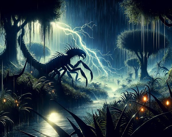 Dark Forest Scene with Lightning and Eerie Creatures