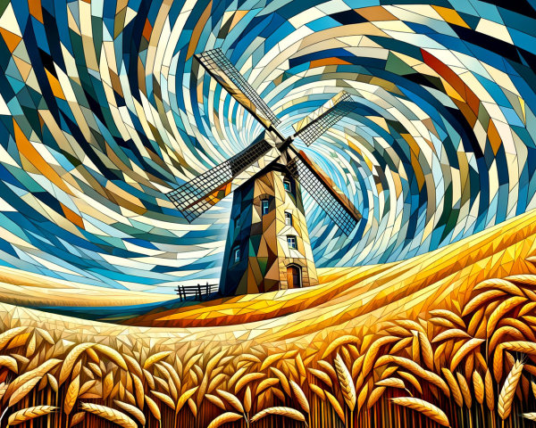 Vibrant Landscape with Windmill and Wheat Fields
