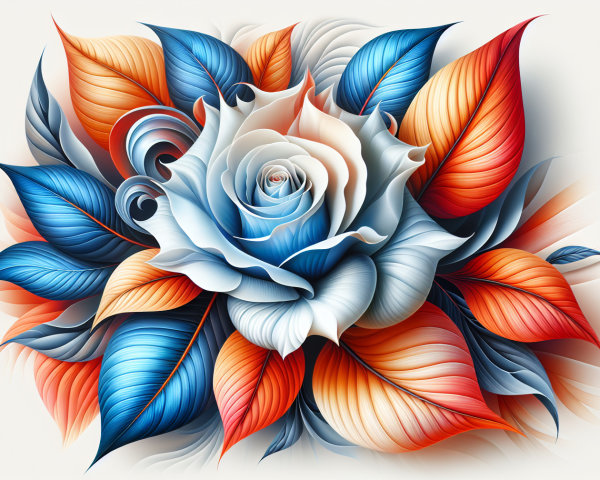 Vibrant Artistic Composition of a Stylized Rose and Leaves