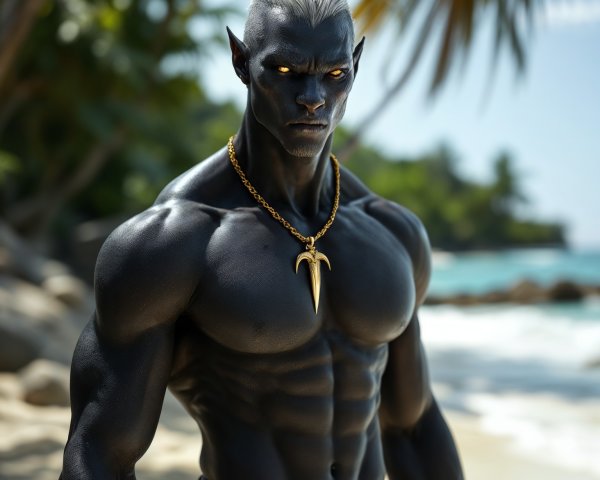 Muscular Figure with Silver Hair on Tropical Beach
