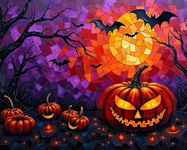 Vibrant Halloween Scene with Grinning Pumpkin and Moon