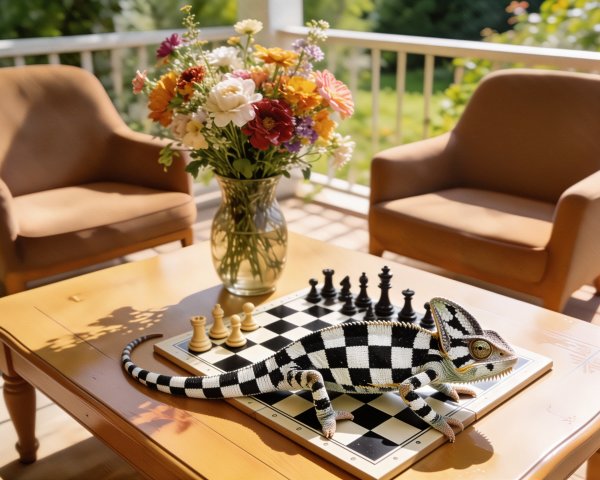 Chameleon Blending into Chess Board on Coffee Table