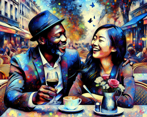 A man and woman laughing at an outdoor cafe setting
