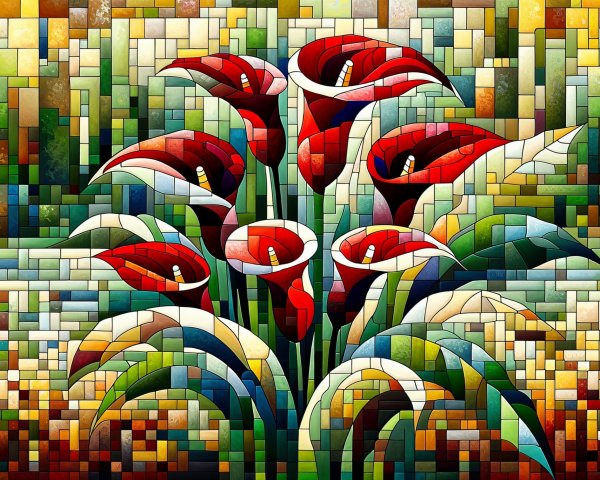 Vibrant Mosaic of Red Calla Lilies and Geometric Patterns