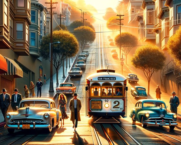 Vintage San Francisco Street Scene with Classic Cars