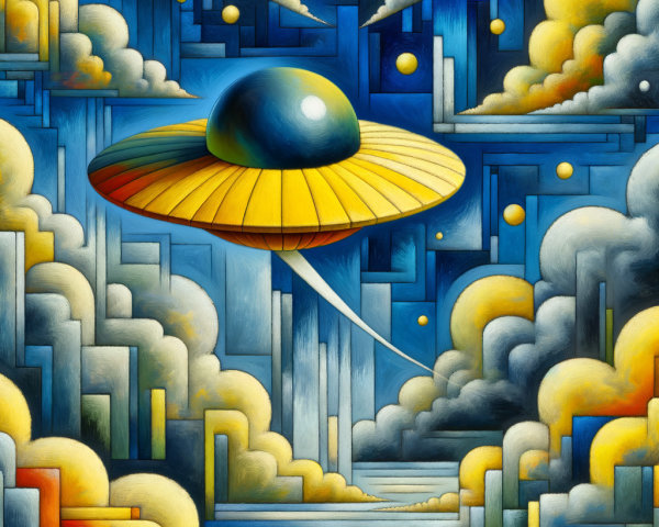 Futuristic Cubist Painting of UFO Over Cityscape