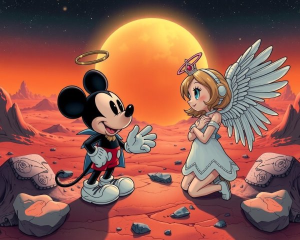 Whimsical Cartoon Mouse and Angelic Girl in Space