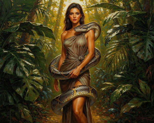 Fantasy Art of Woman with Snake in Dark Forest