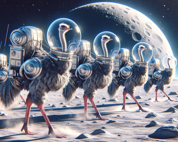 Futuristic Ostriches in Space Helmets on Lunar Landscape