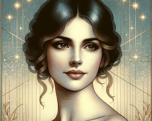 Detailed portrait of a woman with flowing hair and stars