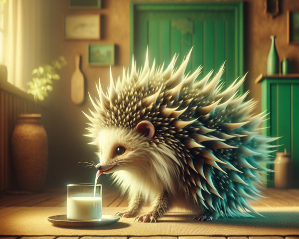 Hedgehog Drinking Milk in Cozy Rustic Room