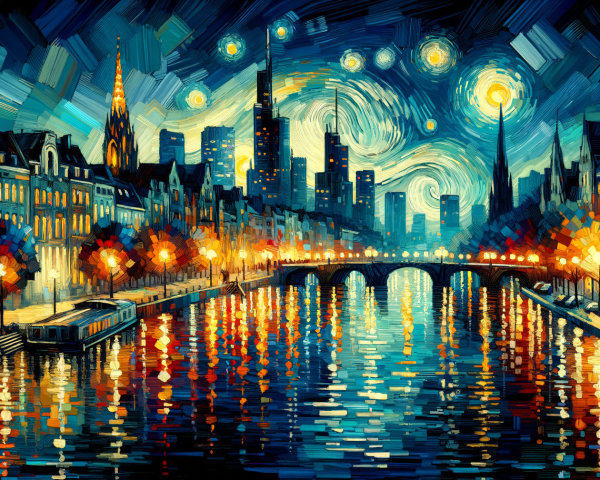 Vibrant Night Cityscape with Colorful Reflections