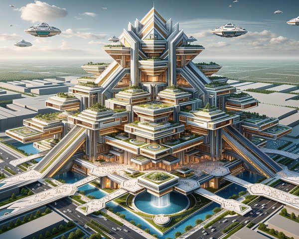 Futuristic Multi-Level Architecture with Greenery and Fountain