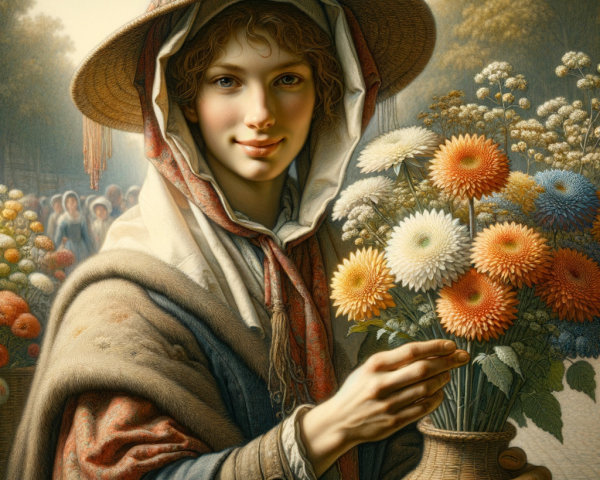 Young Woman in Floral Marketplace with Vibrant Flowers