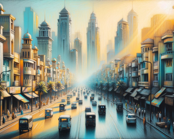 Vibrant cityscape with modern skyscrapers and energy