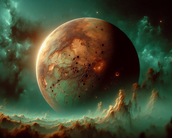 Distant Planet with Reddish Textures and Turquoise Sky