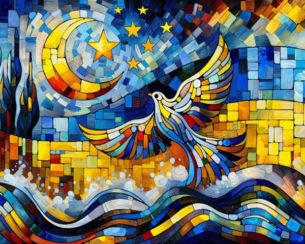 Vibrant Mosaic of Bird in Starry Night Sky