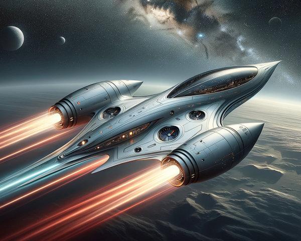 Futuristic silver spaceship in cosmic space scene