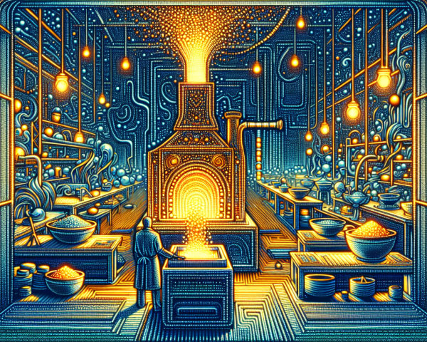 Vibrant Factory Interior with Glowing Machinery and Pipes
