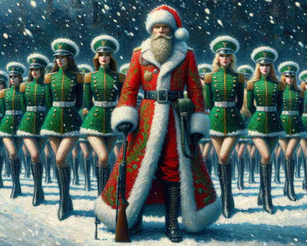 Santa Claus in Red Coat with Military Women in Snow