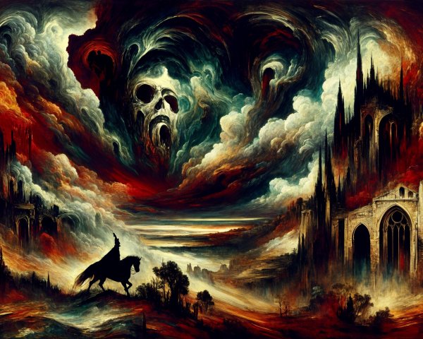 Surreal Landscape with Knight and Gothic Structures