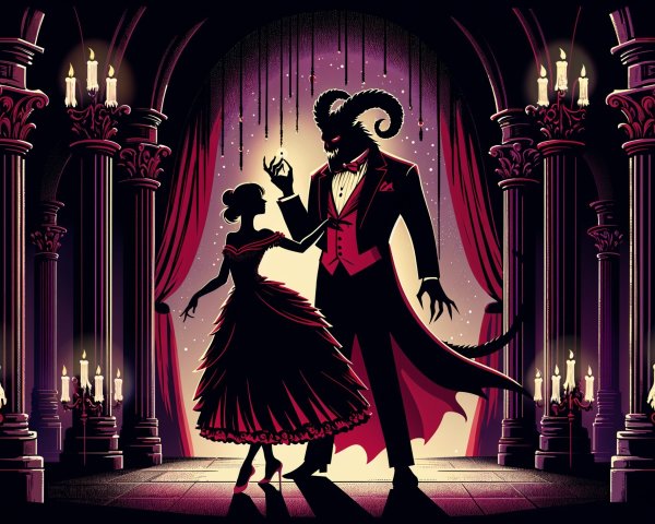 Mysterious Figure and Elegant Woman in Grand Hall